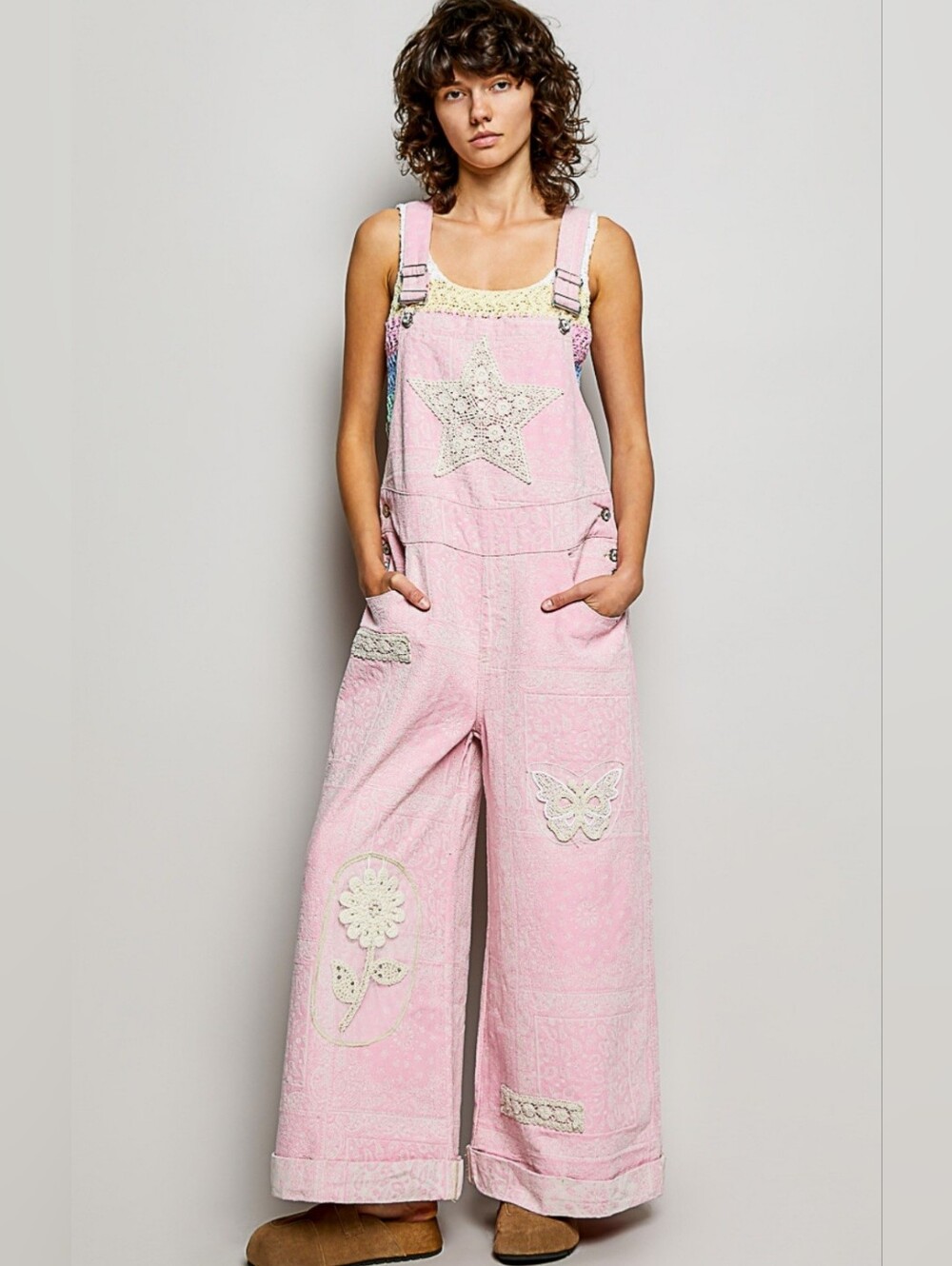 💕 POL Pink Stardust Patchwork Overalls Large New!! - Picture 2 of 6